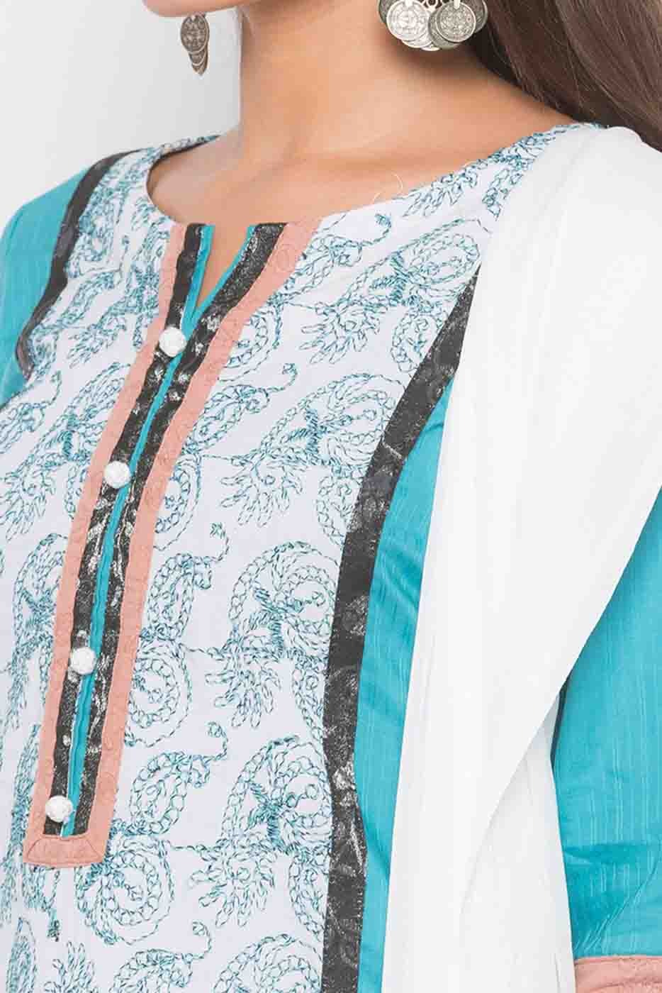 Blue Plus Size Stitched Cotton Embroidery Pant Style Suit NCSS10710585