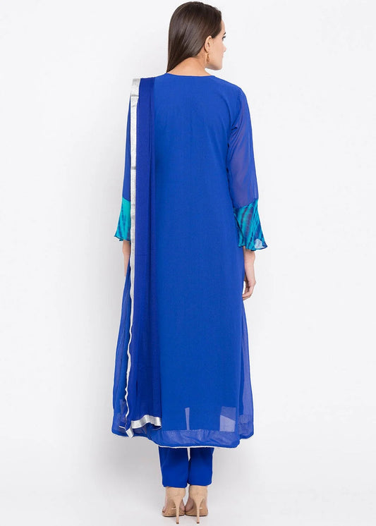 Blue Plus Size Stitched Faux Georgette Embroidery Pant Style Suit NCSS10710501