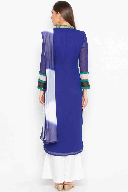 Blue Plus Size Stitched Georgette Embroidery Palazzo Pant Suit NCSS10710523