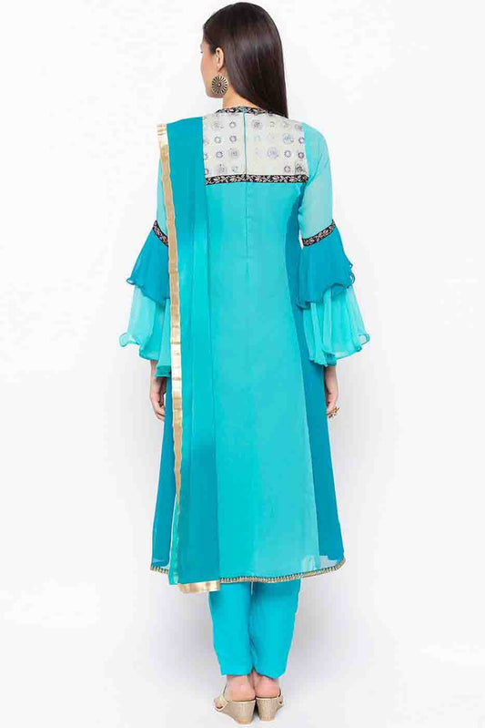 Blue Plus Size Stitched Georgette Embroidery Pant Style Suit NCSS10710528