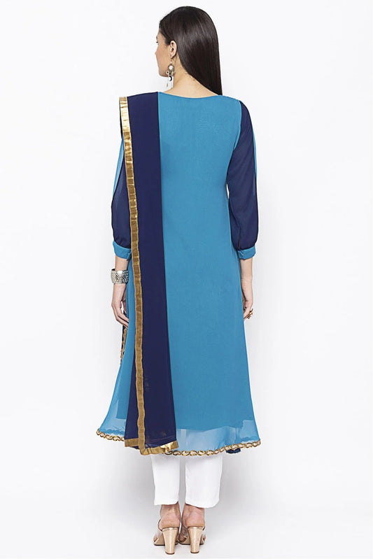 Blue Plus Size Stitched Georgette Embroidery Pant Style Suit NCSS10710558