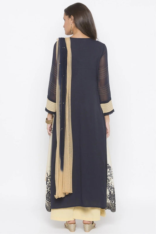 Blue Plus Size Stitched Net Embroidery Palazzo Pant Suit NCSS10710591