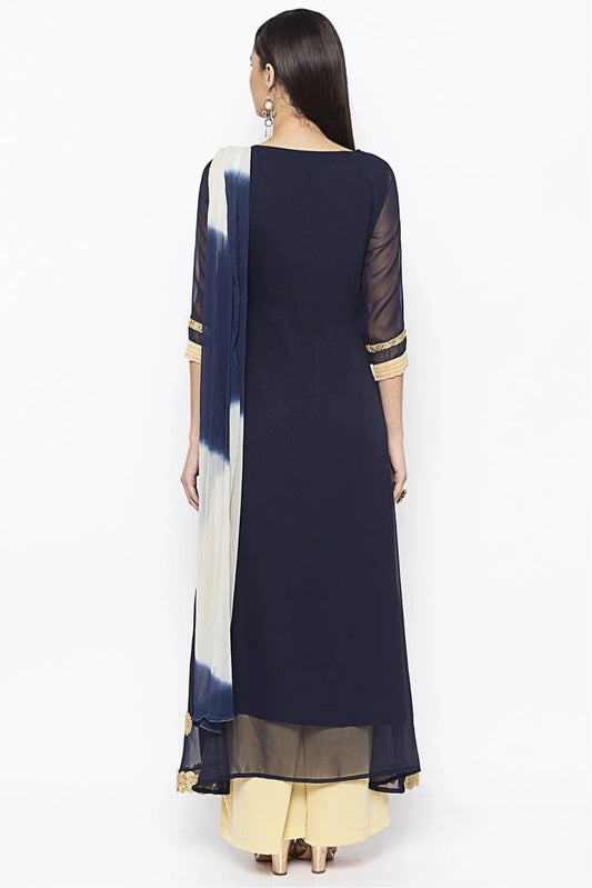 Blue Plus Size Stitched Net Embroidery Palazzo Pant Suit NCSS10710595