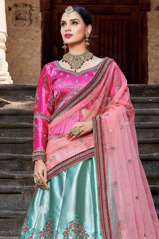 Blue Pure Satin Resham Lehenga Choli NCLC10810442