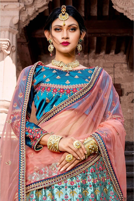 Blue Pure Satin Resham Lehenga Choli NCLC10810443