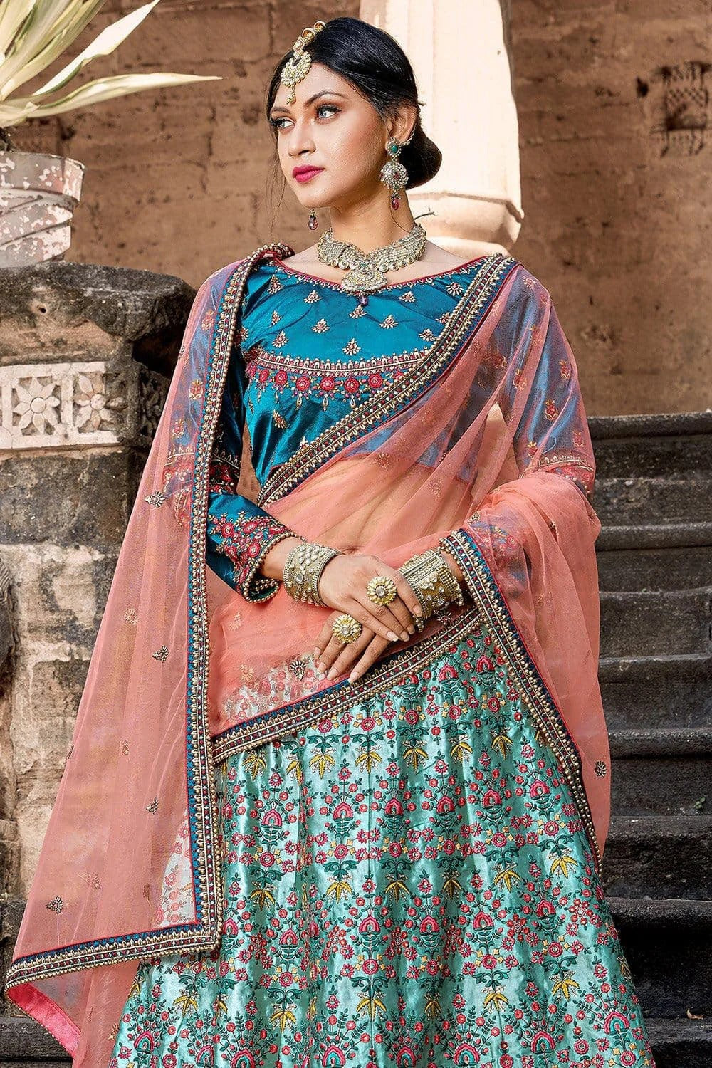 Blue Pure Satin Resham Lehenga Choli NCLC10810443