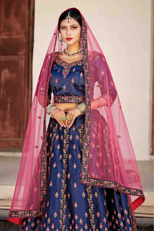 Blue Pure Satin Thread Lehenga Choli NCLC10810508