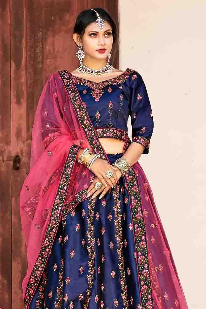 Blue Pure Satin Thread Lehenga Choli NCLC10810508