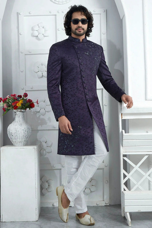 Blue Purple Art Silk Sherwan With Aligadhi Pant NCSH12310290