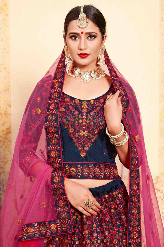 Blue Satin Embroidery Lehenga Choli NCLC10810447