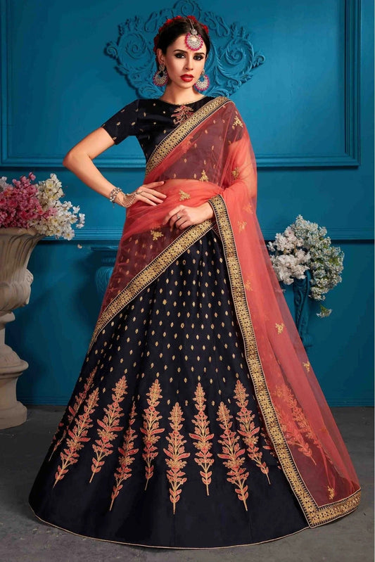 Blue Satin Embroidery Lehenga Choli NCLC10810536