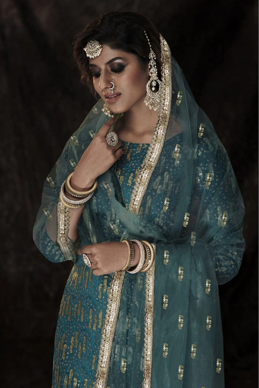 Blue Soft Net Sequins Sharara Suit NCSM10810367