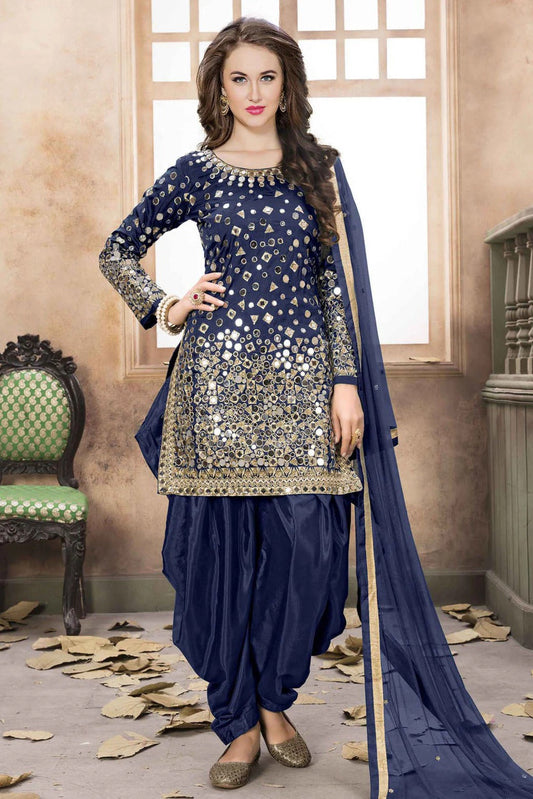 Blue Taffeta Silk Embroidery Patiala Suit NCSM10510363