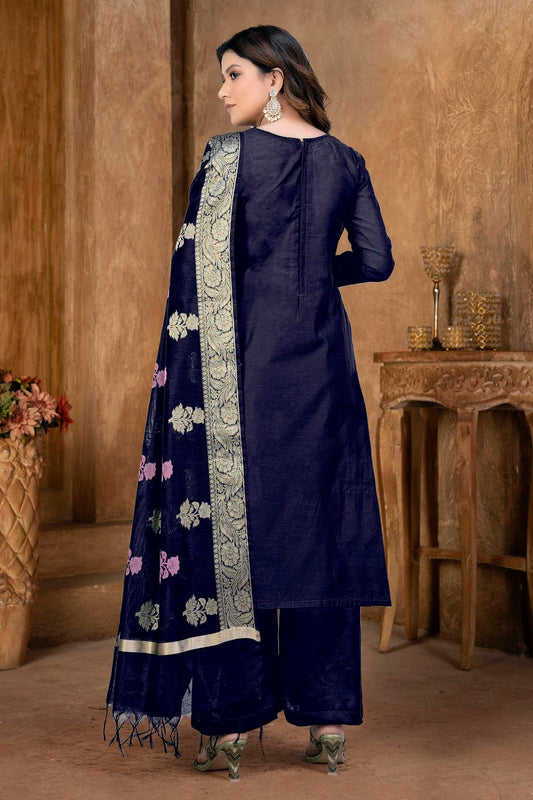 Blue Unstitched Banarasi Jacquard Palazoo Pant Suit NCUS11610111