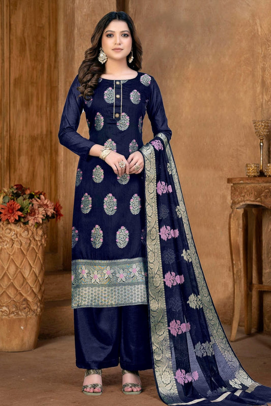 Blue Unstitched Banarasi Jacquard Palazoo Pant Suit NCUS11610111