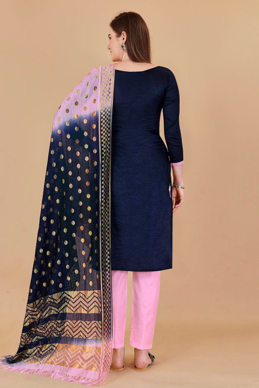 Blue Unstitched Cotton Jacquard Straight Suit NCUS11610384