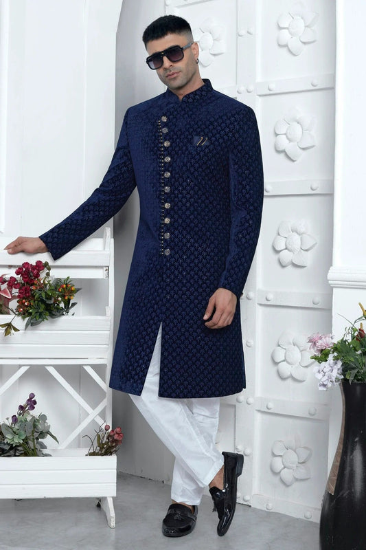 Blue Velvet Silk Indowestern Sherwan With Aligadhi Pant NCSH12310347