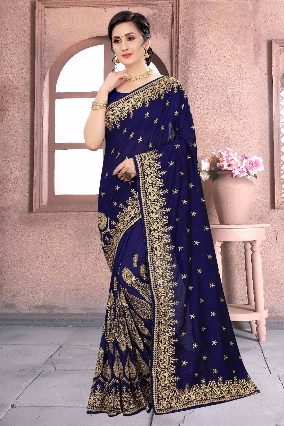Blue Vichitra Silk Embroidery Saree NCSD11210563