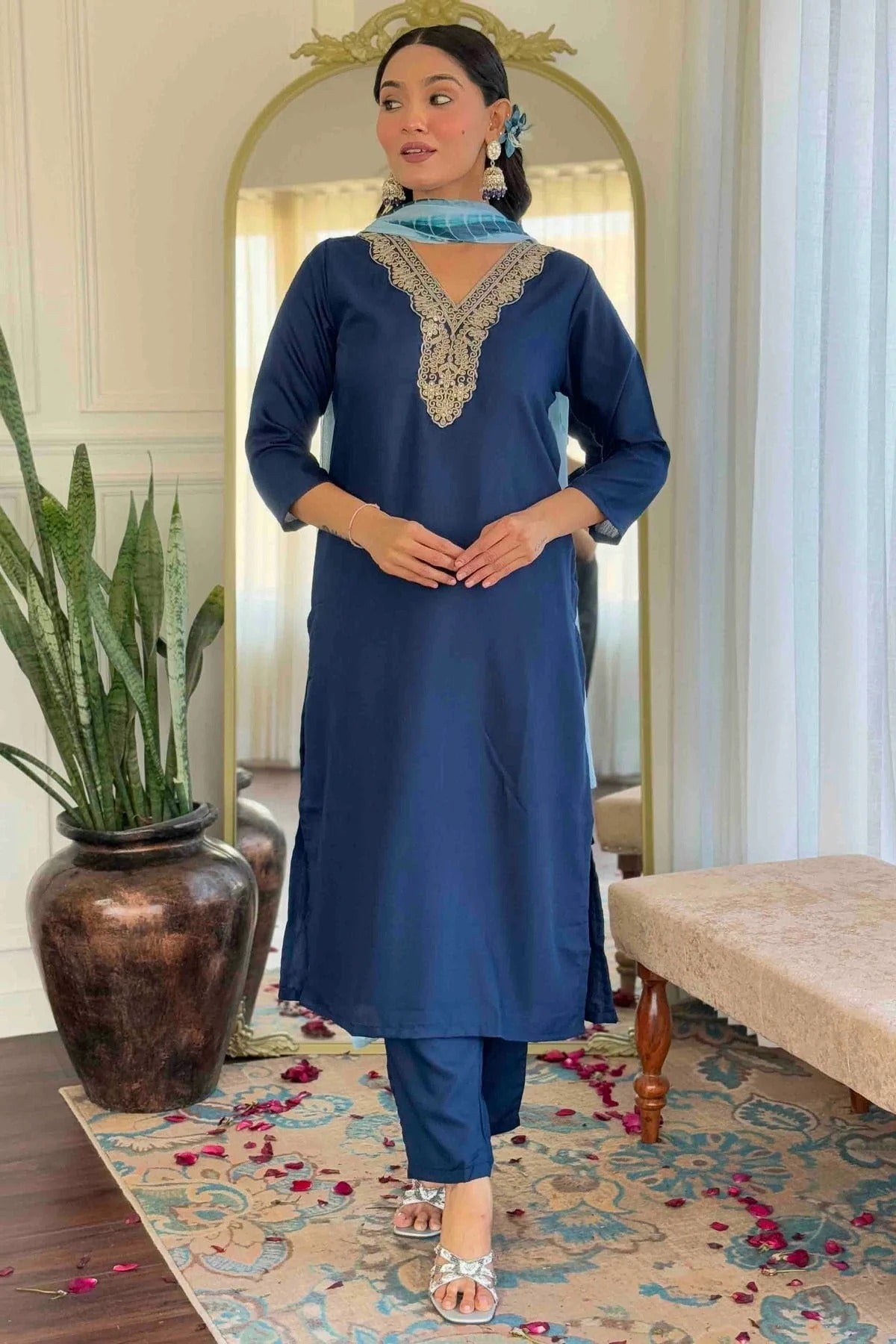 Blue Viscose Slub Stitched Suit NCSS11110930