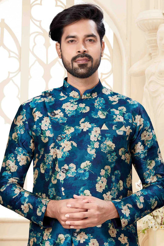 Blue and Cream Jacquard Dhoti Sherwani NCSH10410349