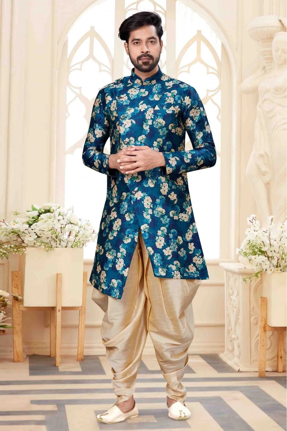 Blue and Cream Jacquard Dhoti Sherwani NCSH10410349