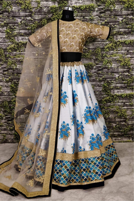 Blue and Off White Art Silk and Banglori Silk Lehenga Choli NCLC10110245