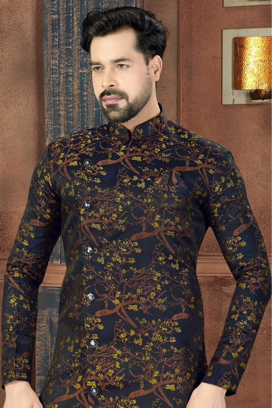 Blue and Yellow Jacquard Party Wear Sherwani NCSH10410344
