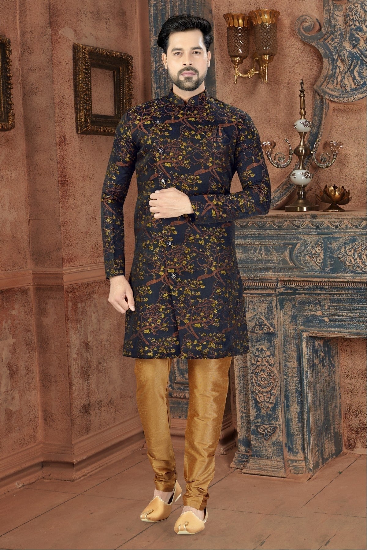 Blue and Yellow Jacquard Party Wear Sherwani NCSH10410344