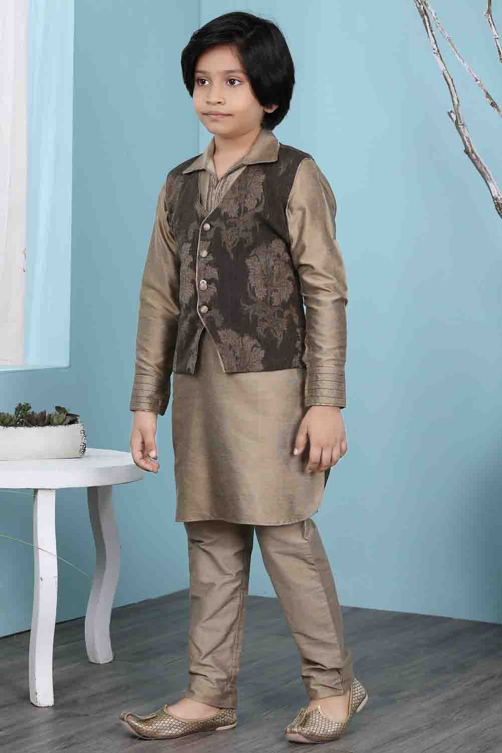 Brown Cotton Silk Kurta PajamaWith Jacket NCBW10710723