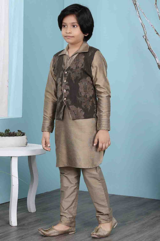 Brown Cotton Silk Kurta PajamaWith Jacket  NCBW10710723