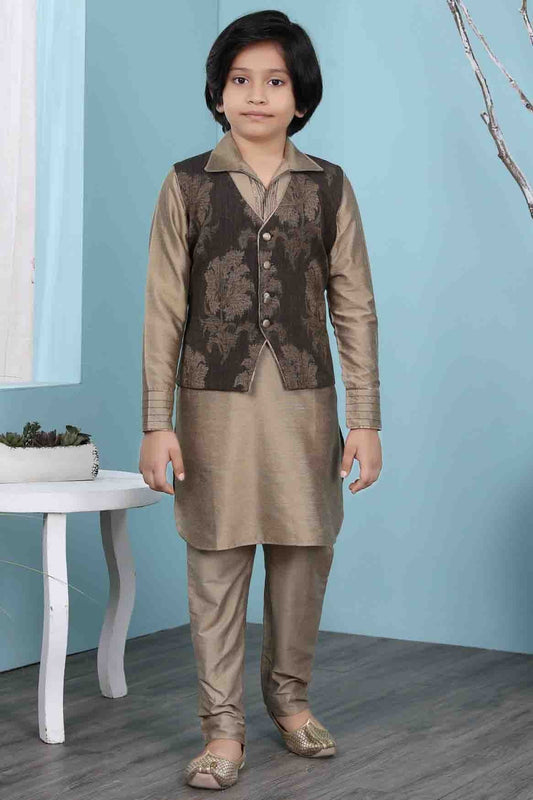 Brown Cotton Silk Kurta PajamaWith Jacket NCBW10710723