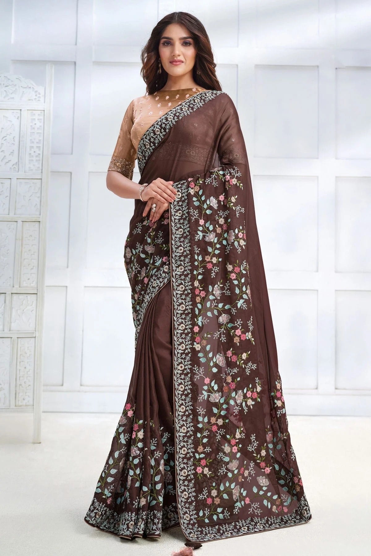 Brown Georgette Silk Designer Saree NCSD11111782
