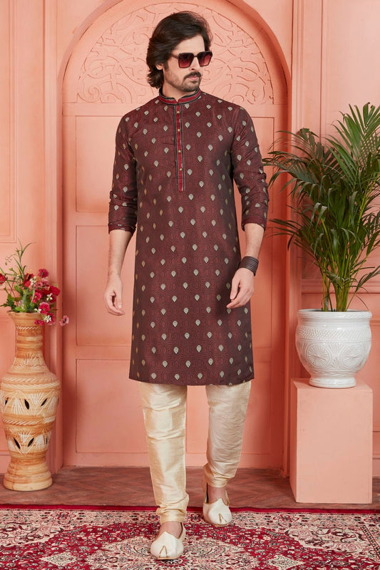 Brown Jacquard Silk Brocade Kurta Pajama NCKP12310138