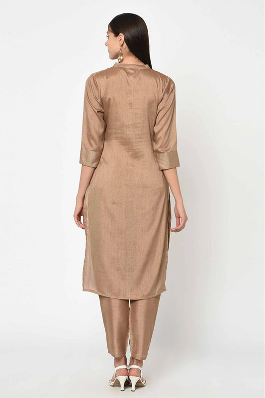 Brown Poly Silk Printed Kurta With Pant NCKR10610158