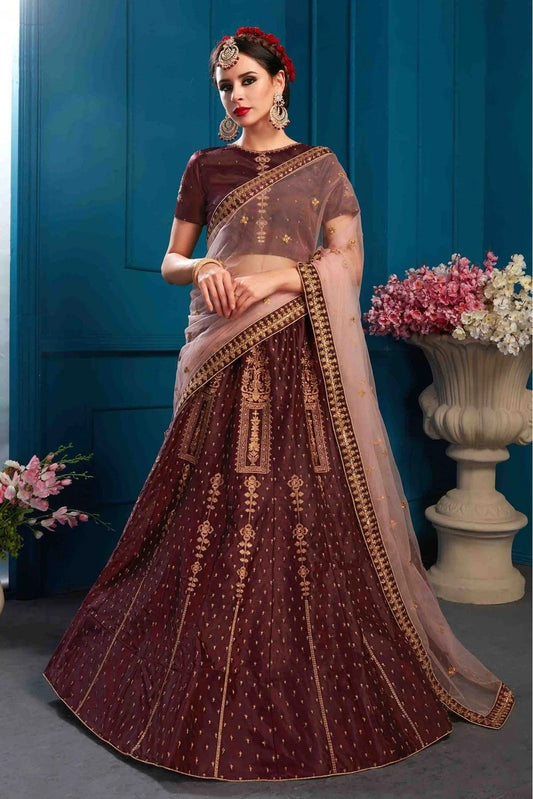 Brown Satin Embroidery Lehenga Choli NCLC10810532