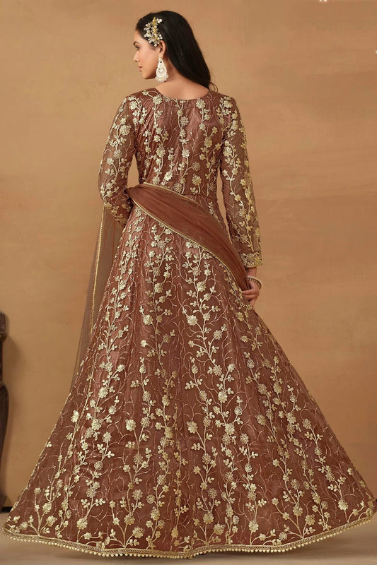 Brown Semi Stitched Net Pant Style Suit NCSM10510270