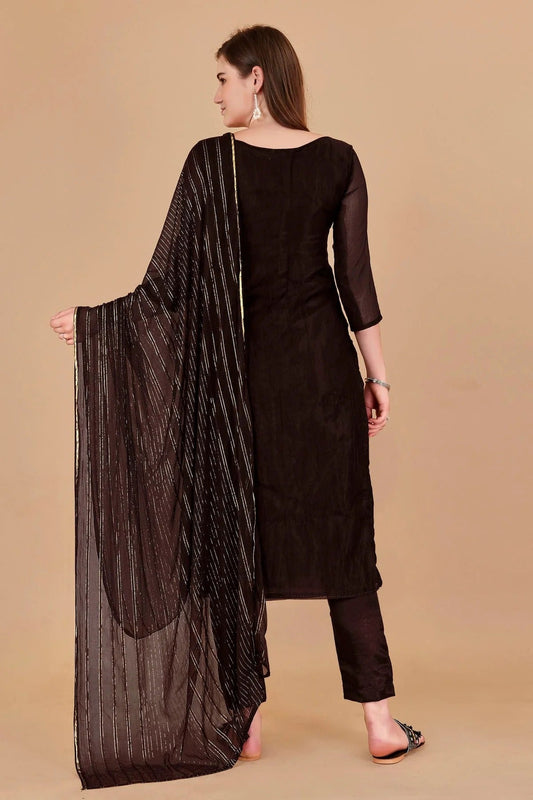 Brown Unstitched Organza Jacquard Straight Suit NCUS11610305
