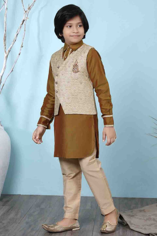 Brown and Beige Cotton Silk Kurta PajamaWith Jacket NCBW10710699