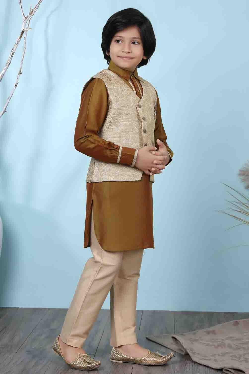 Brown and Beige Cotton Silk Kurta PajamaWith Jacket NCBW10710699