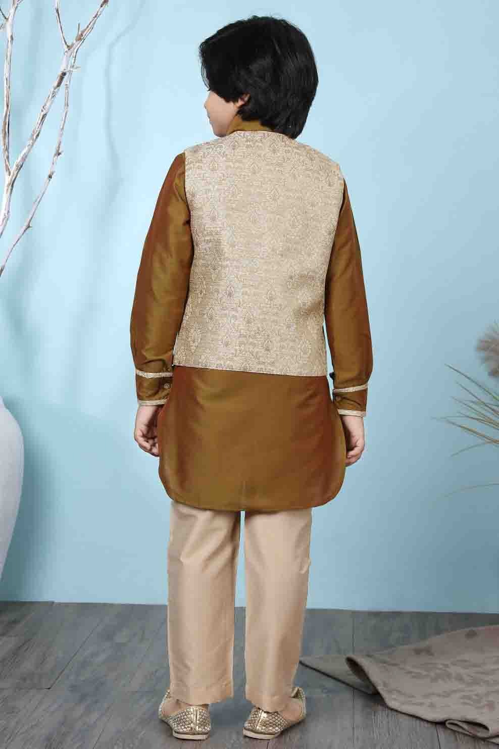 Brown and Beige Cotton Silk Kurta PajamaWith Jacket NCBW10710699