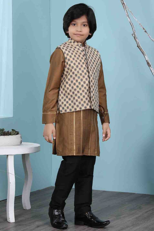 Brown and Beige Cotton Silk Kurta PajamaWith Jacket NCBW10710717