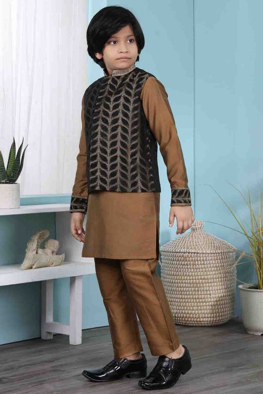 Brown and Black Cotton Silk Kurta PajamaWith Jacket NCBW10710710