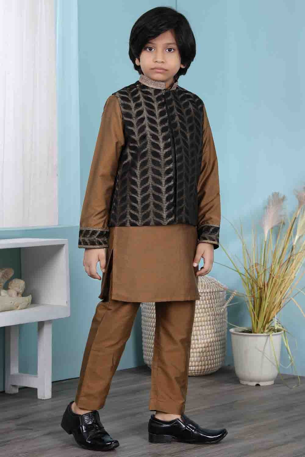 Brown and Black Cotton Silk Kurta PajamaWith Jacket NCBW10710710