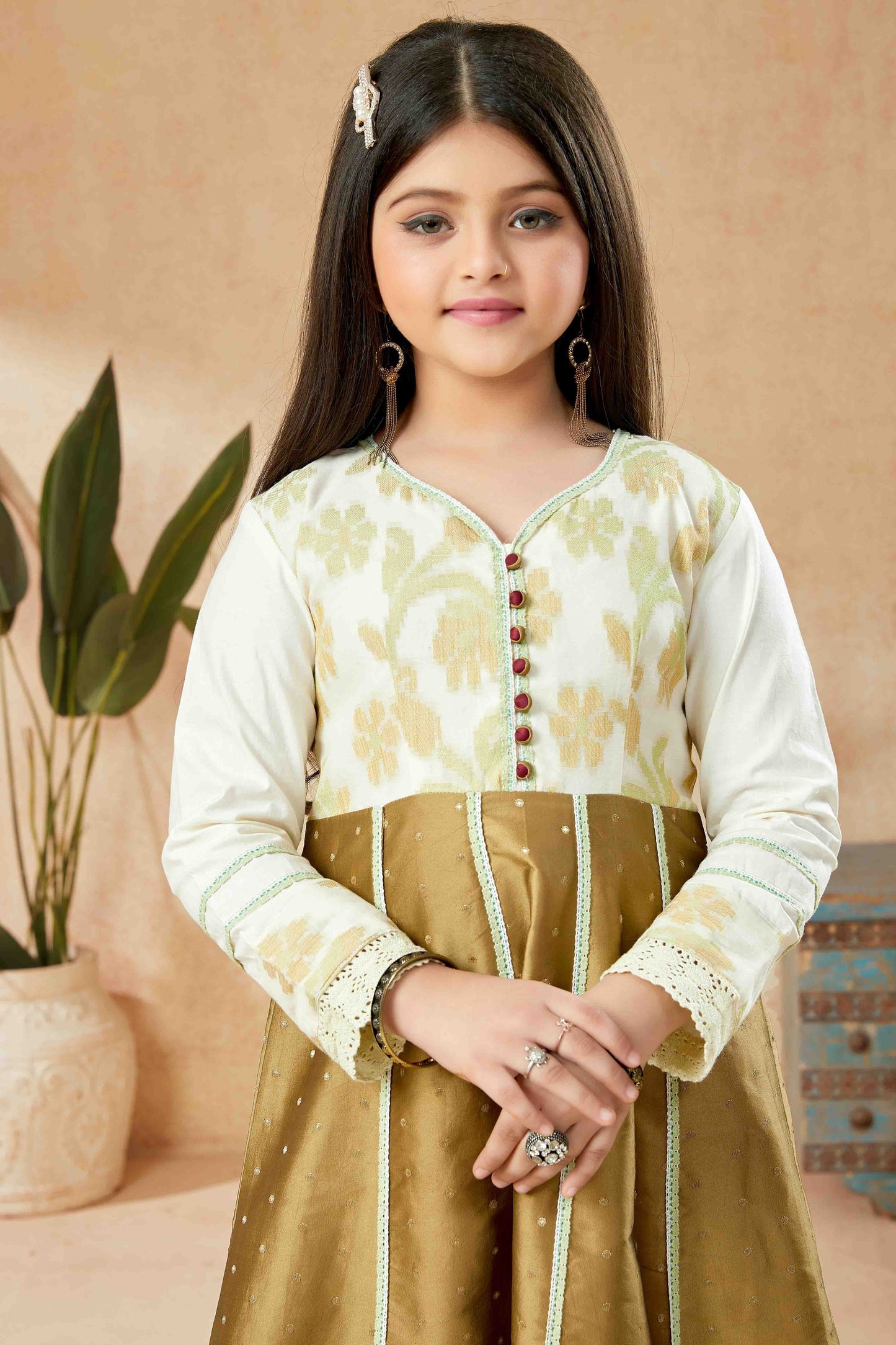 Brown and Off White Handloom Silk Pant Style Suit NCGW10710854