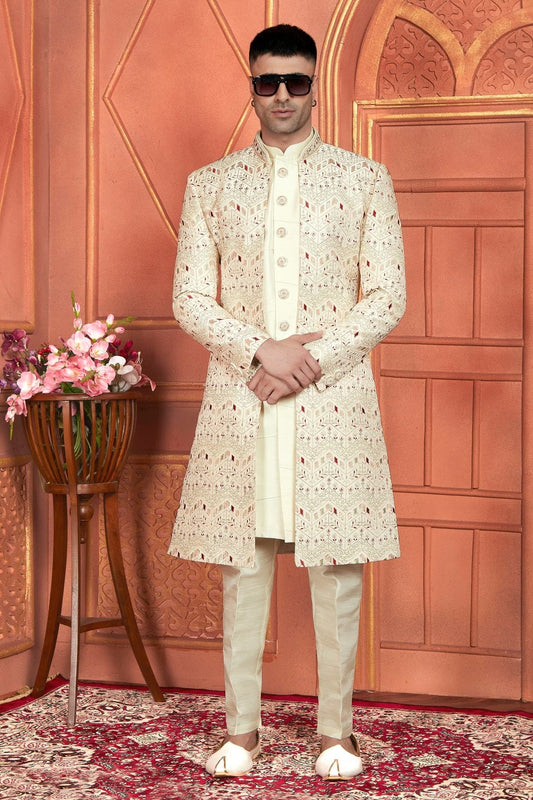 Cream Art Silk Indowestern Sherwan With Aligadhi Pant NCSH12310364