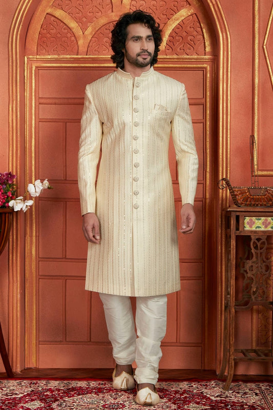 Cream Art Silk Sherwan With Churidar Pant NCSH12310325