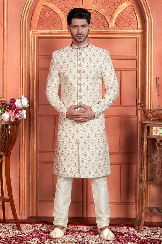 Cream Art Silk Sherwan With Churidar Pant NCSH12310328