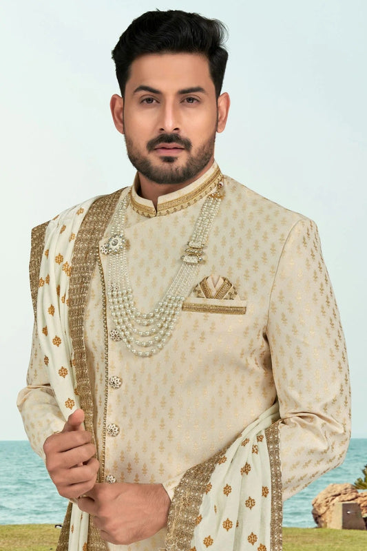 Cream Banarasi Jacquard Sherwani NCSH10410285