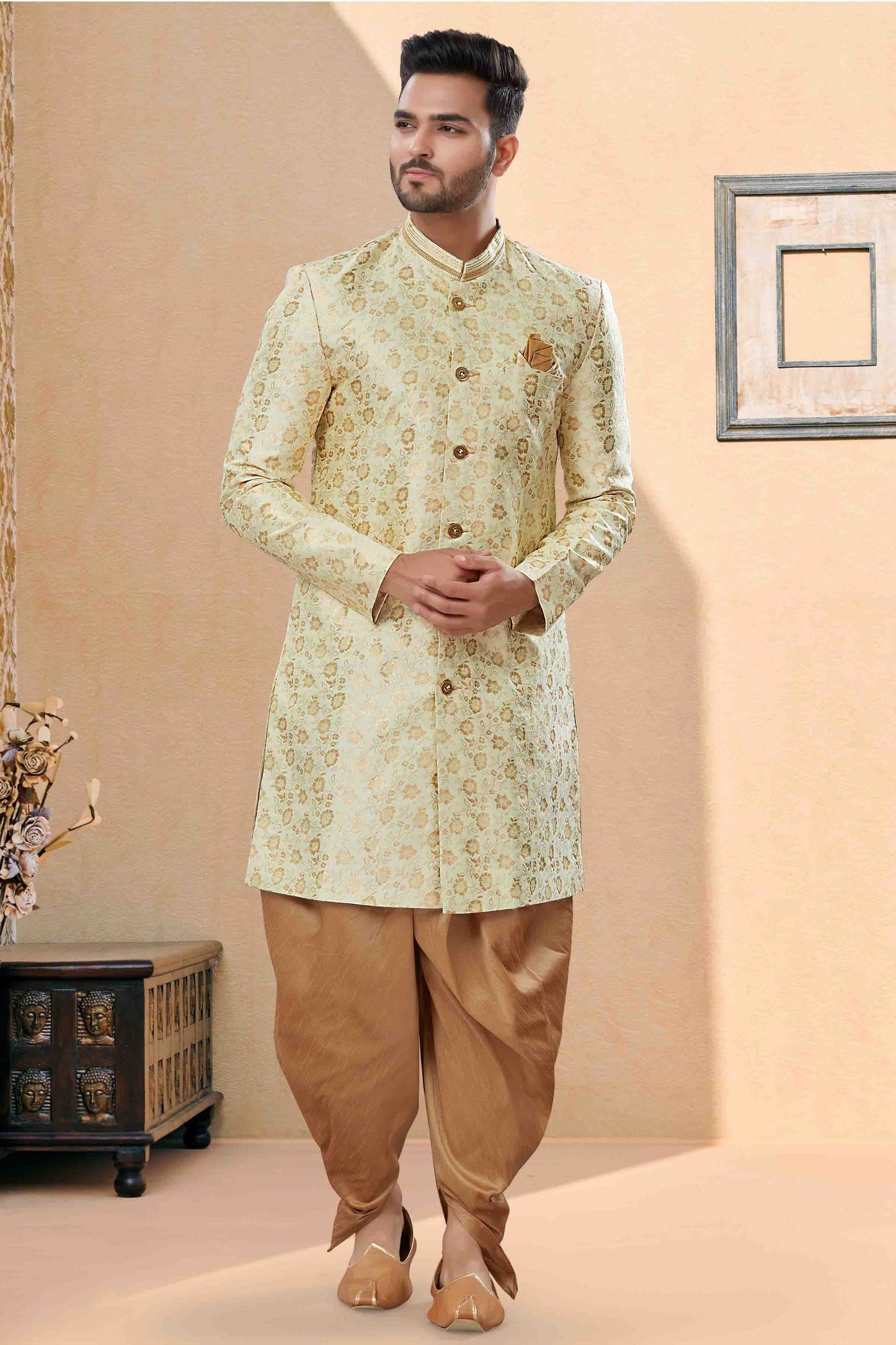 Cream Dhoti SherwaniIn Banarasi Jacquard NCSH10410503