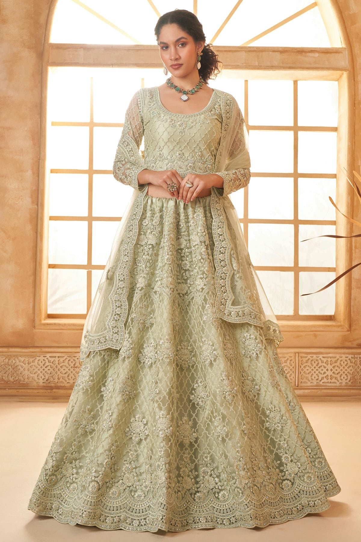 Cream Embroidery Net and SilK Lehenga Choli NCLC12910128